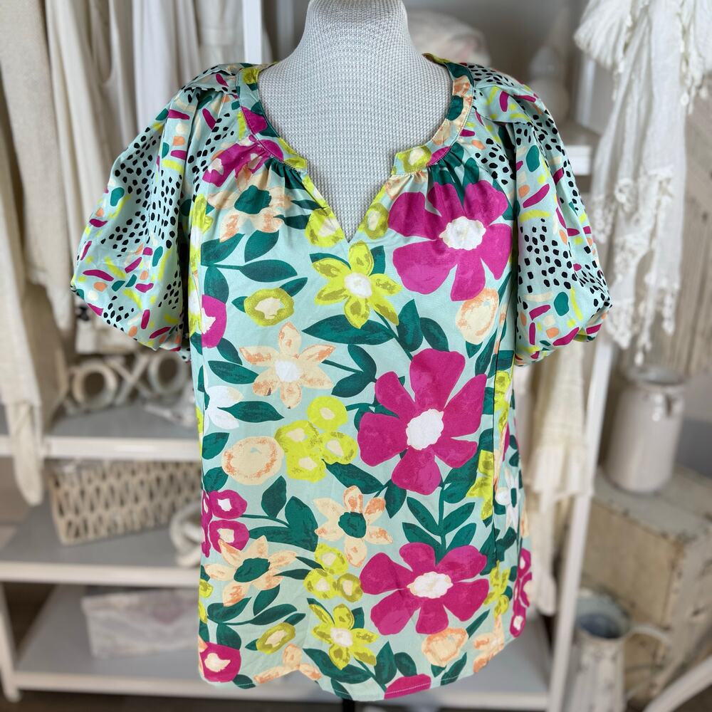 Umgee Floral Puff Sleeve Blouse in Aqua, Pink, Yellow, Green